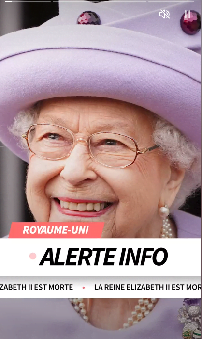 Exemple actu social stories, alerte infos, mort d'Elizabeth 2