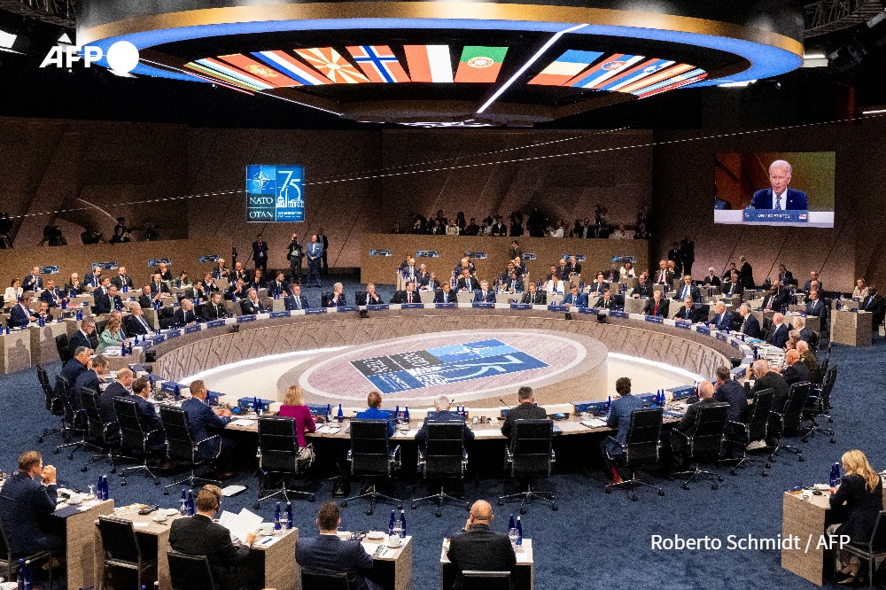US President Joe Biden speaks during the meeting of the North Atlantic Council at the level of Heads of State and Government during the NATO 75th anniversary summit