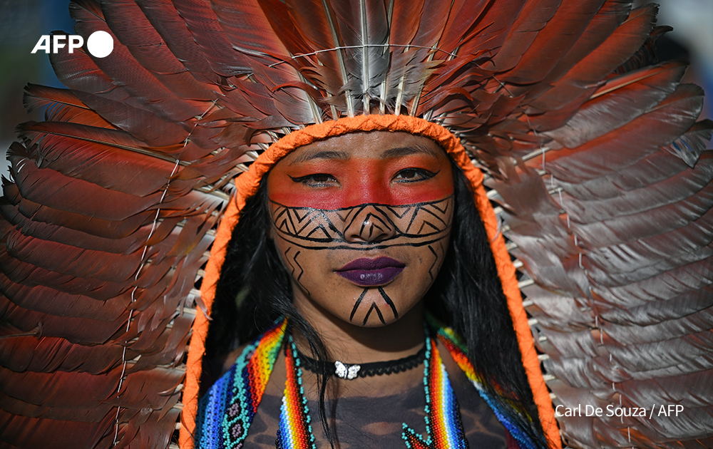 Indigenous woman during a protest in Brasilia, Brazil