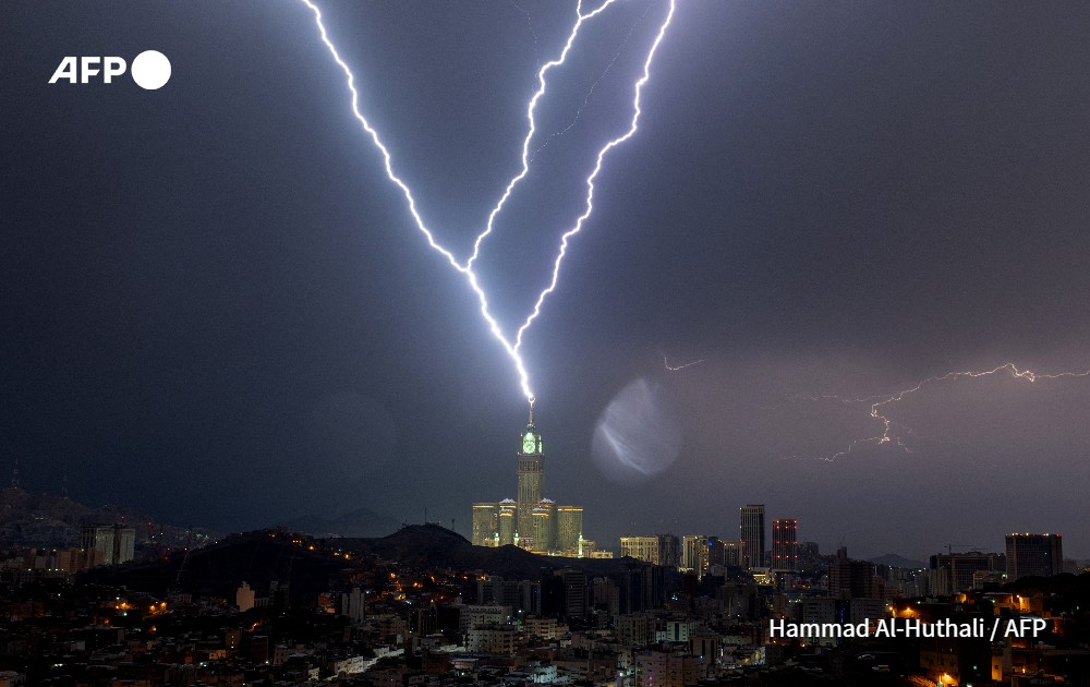 Lightning over Mecca's clock tower in Saudi Arabia