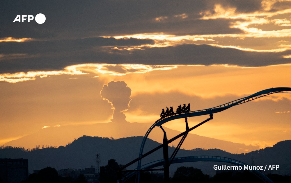 Nevado del Ruiz volcano emits a cloud of ash as seen from Bogota