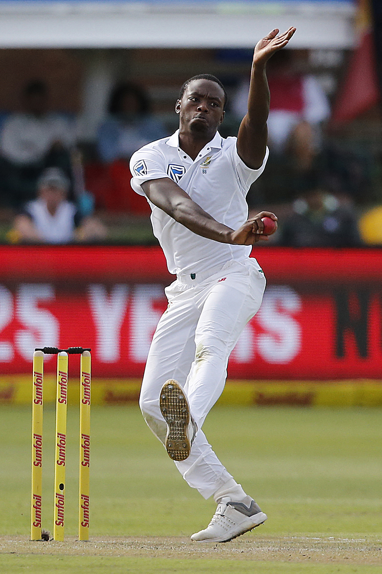 South Africa bowler Kagiso Rabada delivers the ball during day one of the second Sunfoil Test between South Africa and Australia at St George's Park in Port Elizabeth, on March 9, 2018. (Photo by MARCO LONGARI / AFP)