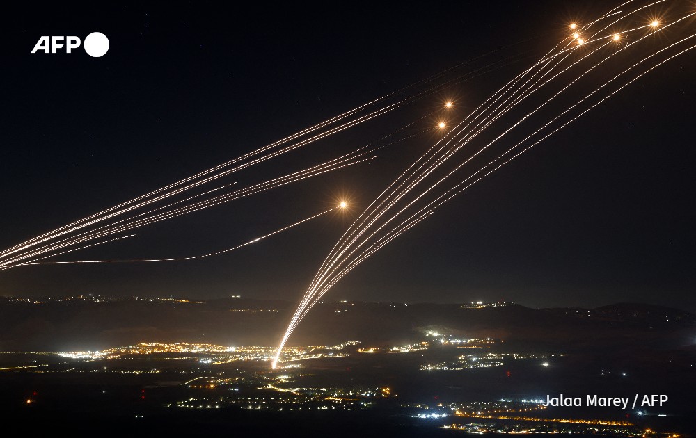 Rockets fired from southern Lebanon are intercepted by Israel's Iron Dome air defence system