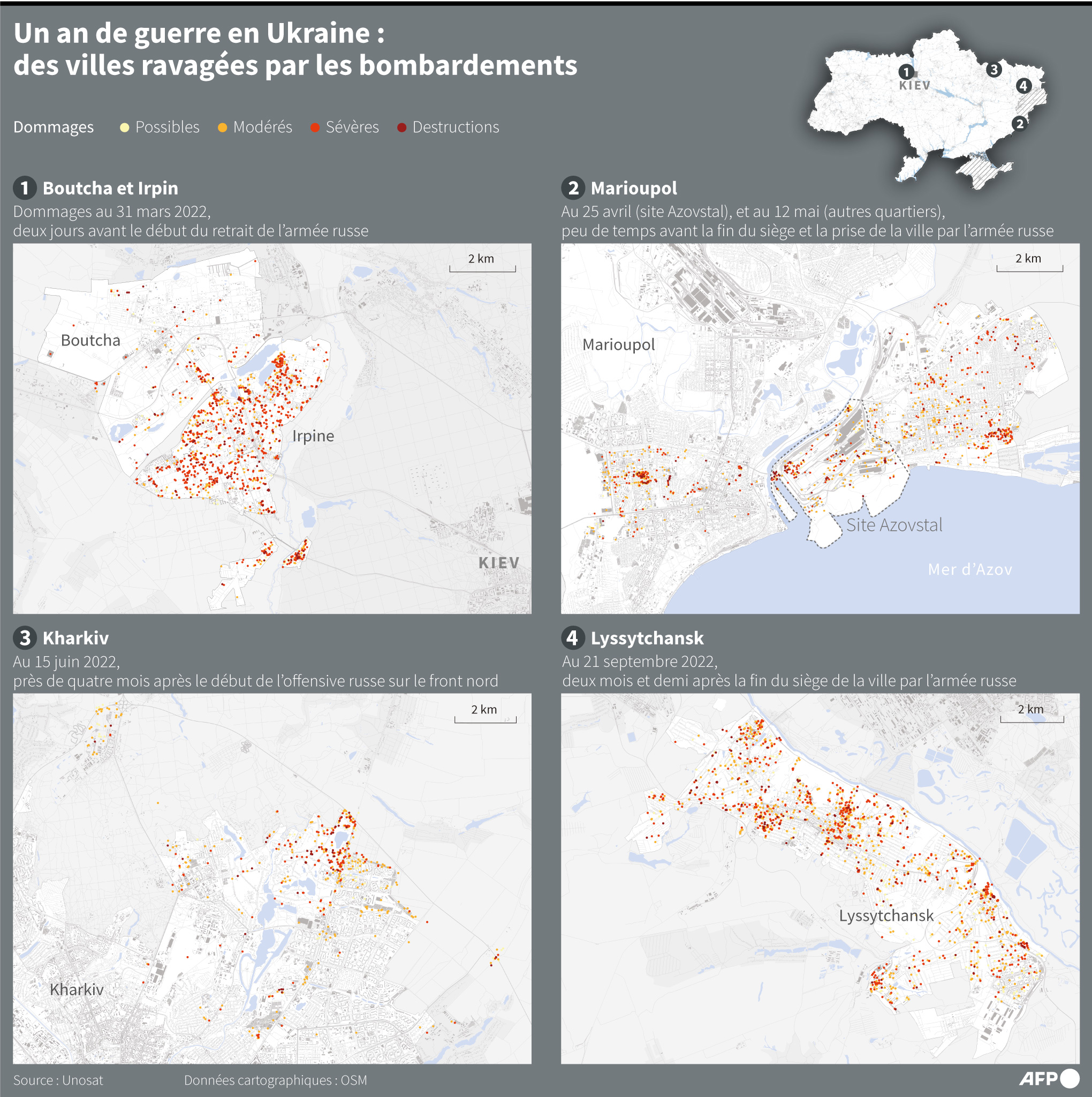 Villes ravagées par la guerres en Ukraine